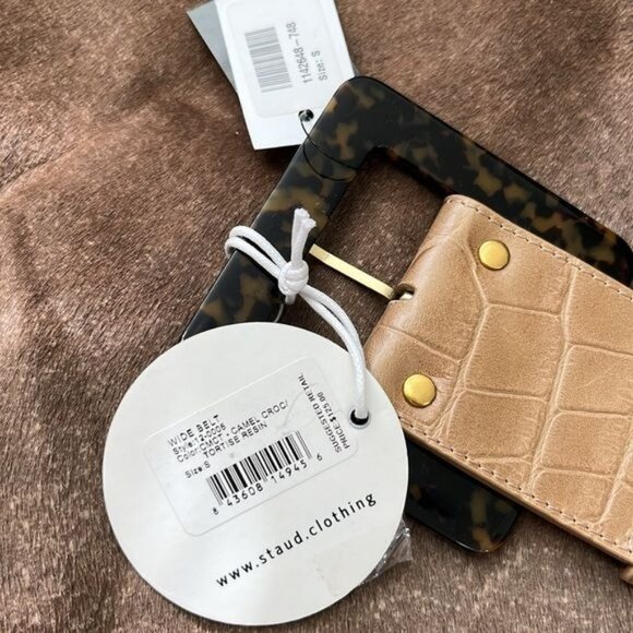 STAUD Wide Belt in Croc Effect Embossed Leather Butter Gold Tortoise Resin SM main image 4